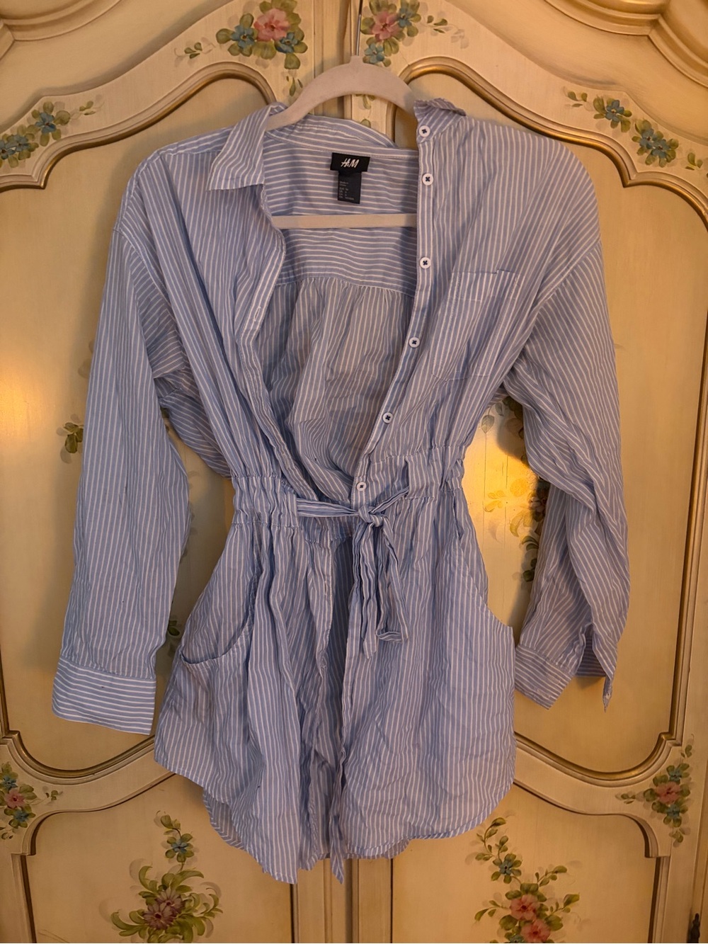 Blue Stripe Button-Front Drawstring Shirt
